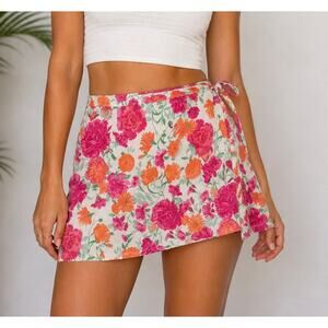 WAYF Amelia Pink Orange Floral Wrap Mini Skirt Linen Blend Cottagecore Medium